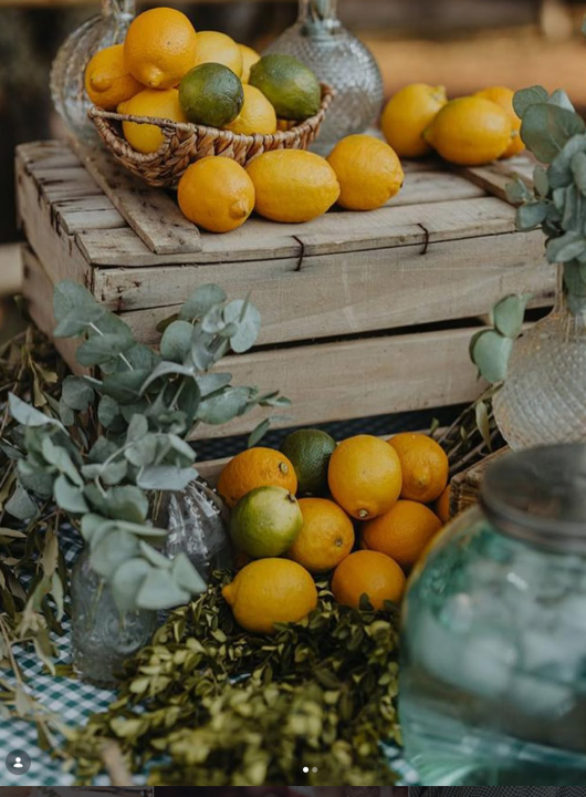 Cestas de limones y limas sobre cajas de madera con eucalipto y olivo.